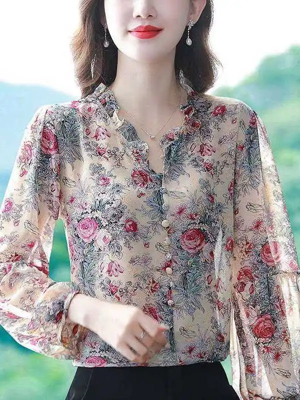 

Весенняя женская блузка из шифона с цветочным принтом, с длинным рукавом, в стиле Cleanfit, из полиэстера, с рукавами А-силуэта, тонкая, неэластичная