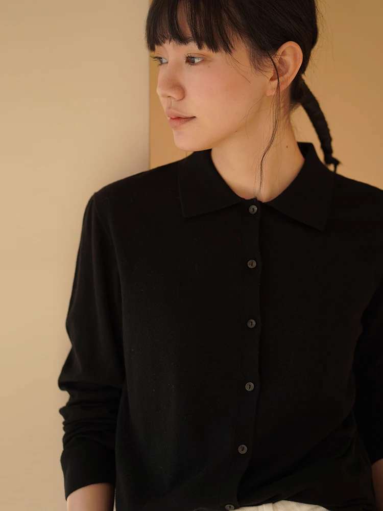 

Hacikis Miss Hine: Серия из шерстяной ткани, машинная вязка Island Precision, горизонтальная вязка, 6-игольная, простая, для повседневной носки, с отложным воротником, открытая модель.