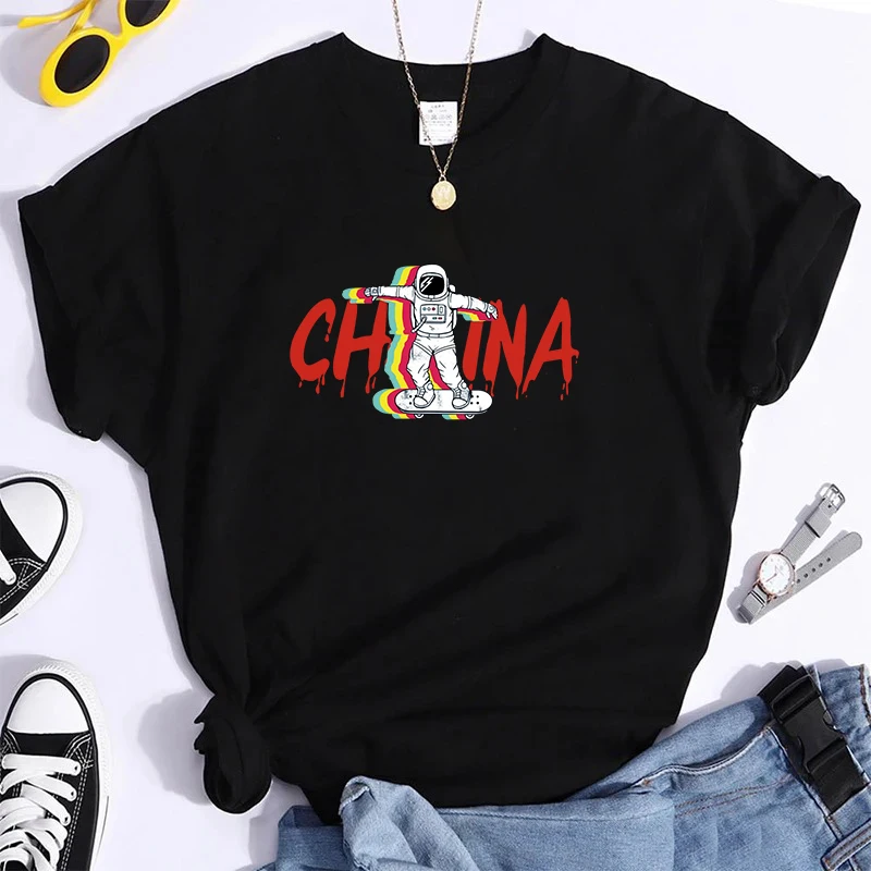 

100% Pure Cotton China Astrona Print Solid Crew Neck T-Shirt, Short Sleeve Casual Every Day Top For All Season, Women's Clothing