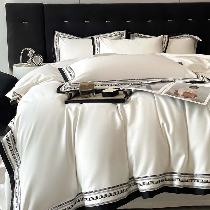 White Egyptian Cotton Bedding Sets Luxury Black Stripe Embroidery Duvet Cover Set Bed Sheet Pillowcases Solid Color Home Textile