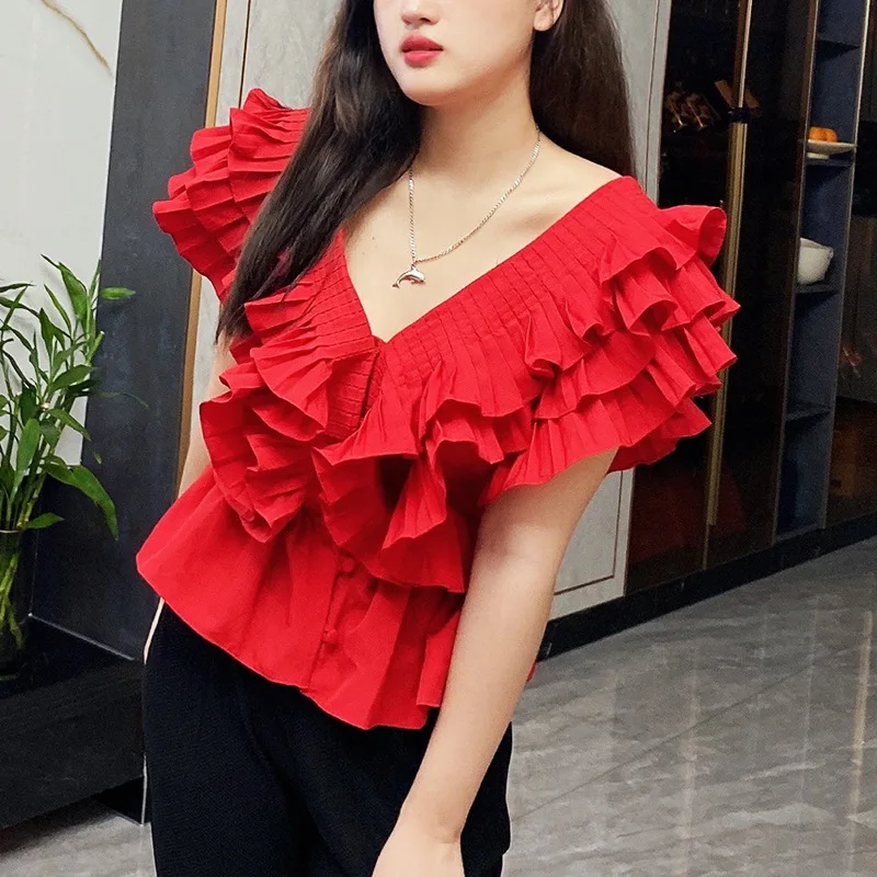 

Vietnam Niche Layered Ruffle Edge Solid Color Casual Cute Top Pastoral