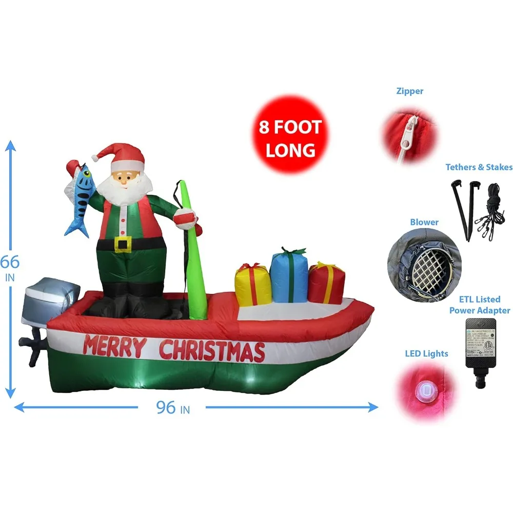 8 Foot Long Inflatable Santa Claus on a Fishing Boat Christmas decoration