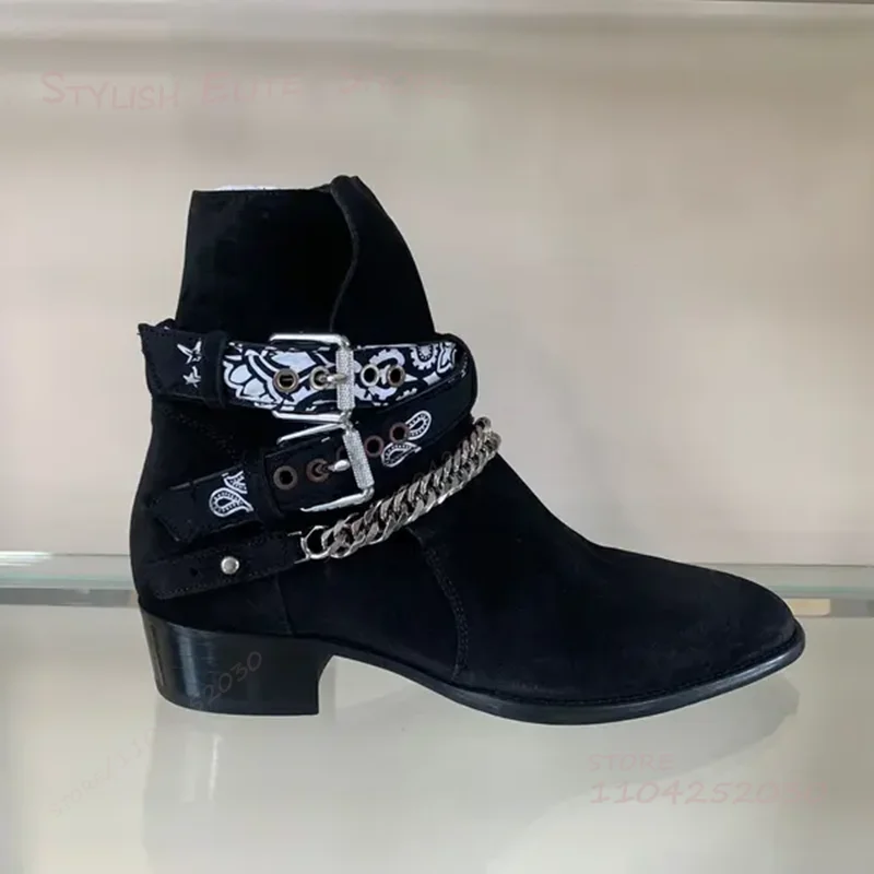 

Chunky Pattern Graffiti Leather Strip Boots Men Black Suede Low Belt Buckle Chain Design Tan Suede Ankle Sneakers Spring Shoes