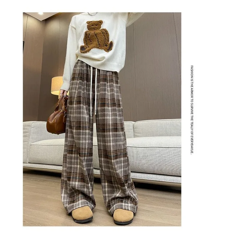 レトロな格子柄の女性用秋物ハイウエストルーズスリムストレートリラックスカジュアルワイドレッグパンツ