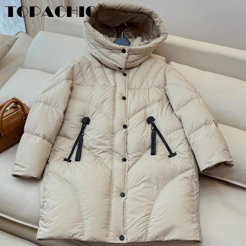 

8.28 TOPACHIC Women Autumn Winter New Hat Detachable Mid-Length Down Jacket Zipper Pocket Design Loose Goose Down Outerwear