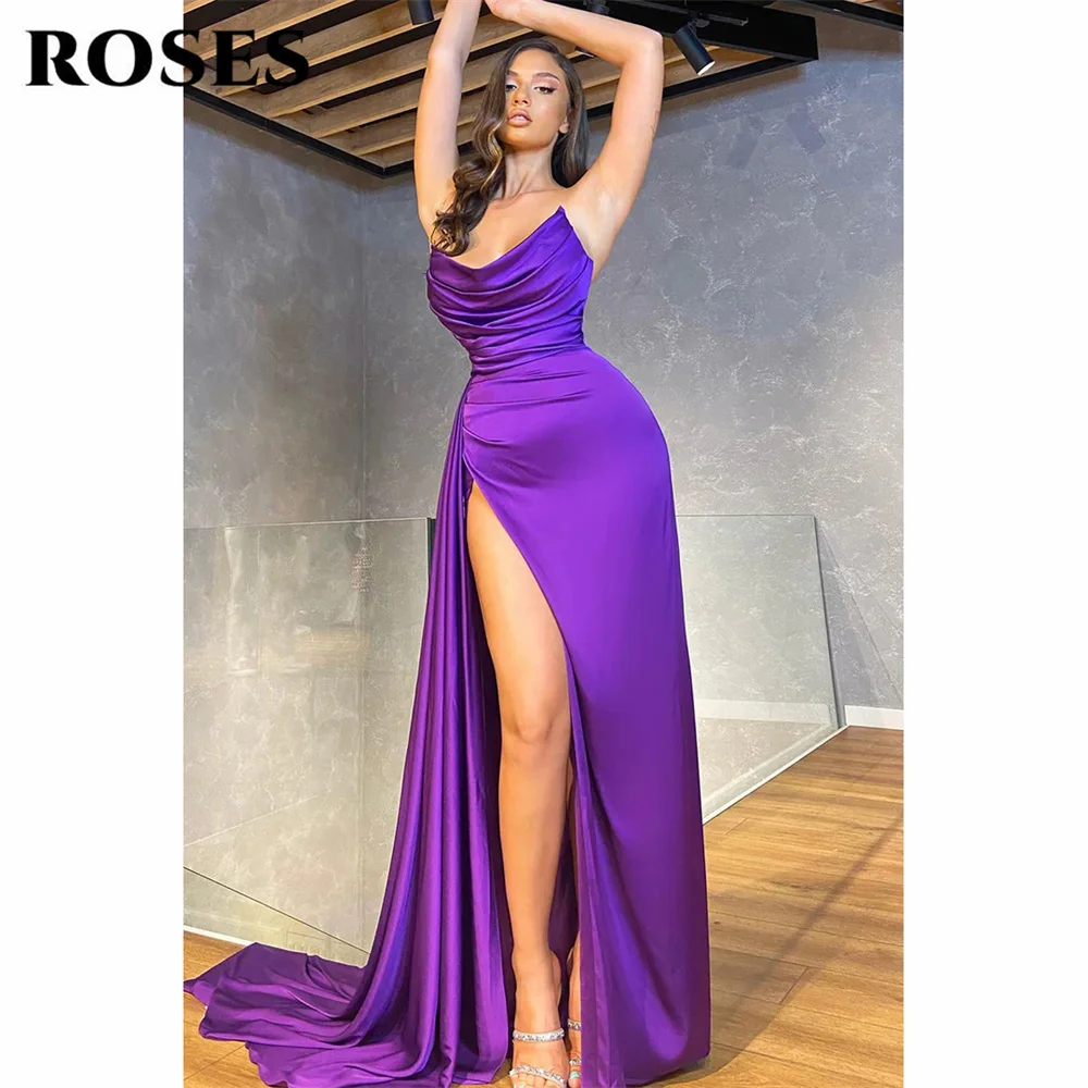 ROSES Gold Prom Dress Strapless Pleated Evening Dress Sexy Mermaid Satin Party Dress Sexy High Side Split Vestidos De Noche