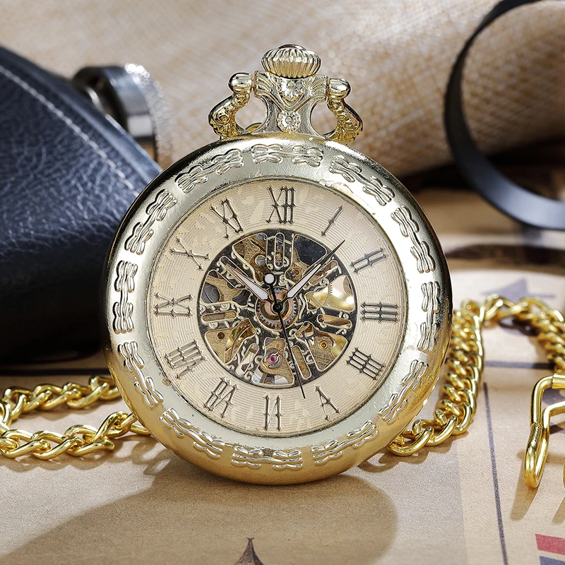 

Vintage Golden Skeleton Steampunk Mechanical Pocket Watches Roman Numerals Hand-Wind with Chain Men Women Clock Gifts New PM019