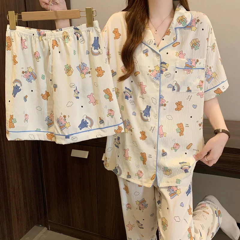 ملابس منزلية نسائية ثلاث قطع طية صدر السترة كارتونية طقم شورت طويل مكون من بيجامات بناتي عصرية فضفاضة ومريحة قابلة للتنفس #2