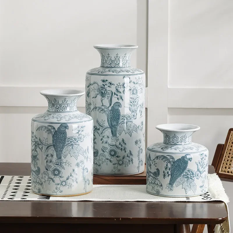 Blue and White Porcelain Vase with Parrot Flower Pattern Ceramic National Style New Chinese Style Water Raising Living Room