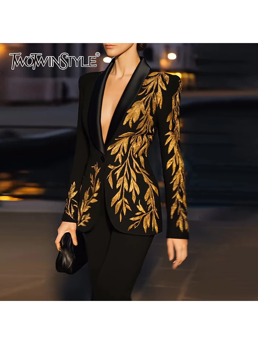 

TWOTWINSTYLE утягивающий темпераментный пиджак с бисером для женщин, туника с лацканами и длинными рукавами, лоскутный блейзер на пуговицах, женский новый