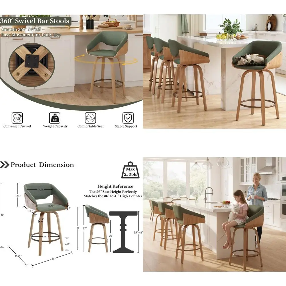 

Набор из 4 зеленых льняных поворотных барных стульев, высота 26 дюймов, со спинкой, подходят для кухонного острова или домашнего бара