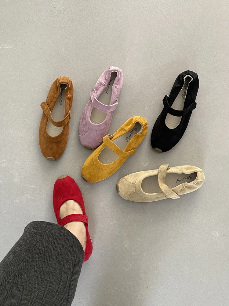 驚くほど快適なメリージェーンバレエフラットカジュアルスポーツシューズ、女性用、ハッピーフィーリングブランド、ベルベット表面、ラウンドトゥ、ラバーソール