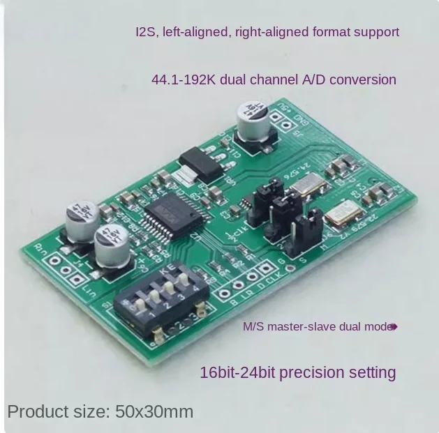 Scheda di acquisizione dati ADC a 24 bit a doppio canale Nvarcher Audio analogico AUX a I2S Uscita digitale allineata sinistra-destra 24 bit 196K