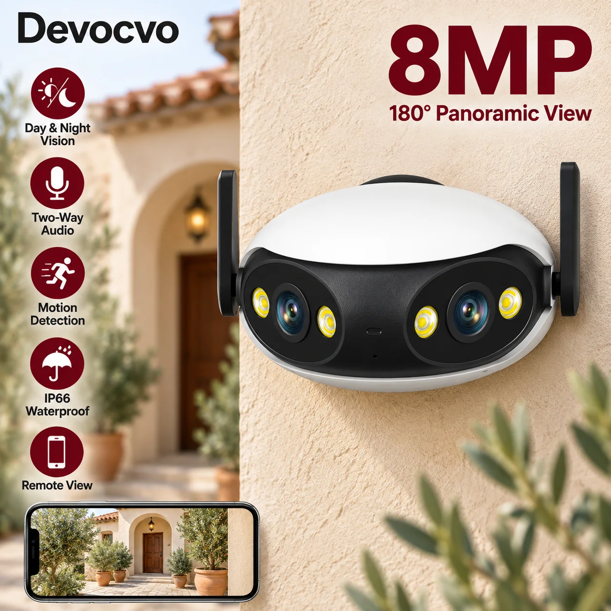 Dual Lens Wifi IP Camera Outdoor 4K 8MP 180 Degree Wide Angle Panoramic Surveillance Wireless CCTV Video Security Cam with Night Vision Motion Sensor Waterproof Mobile Access P2P