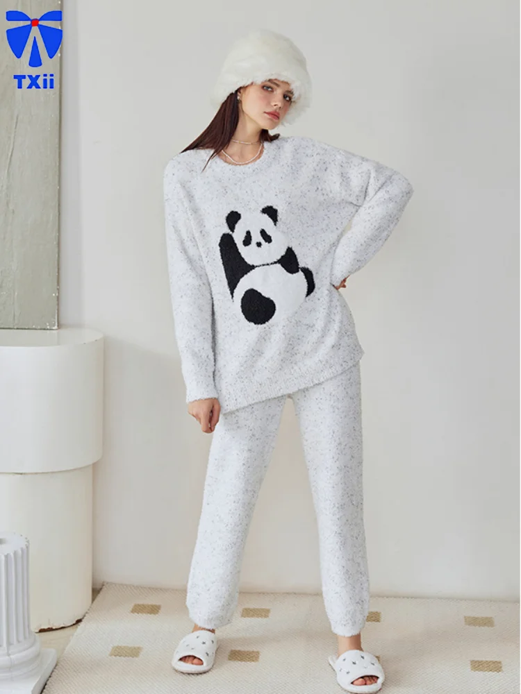 TXii Newlook New Cute Panda Printed fleece-lined Thickened Colored Yarn Pajamas Women's Winter Home Clothes suit