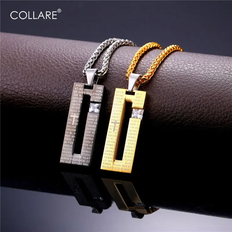 Bible Verse Engaved Hollow Out Rectangle Pendant Necklace for Men Crystal CZ Religious Christian Jewelry Stainless Steel QC24