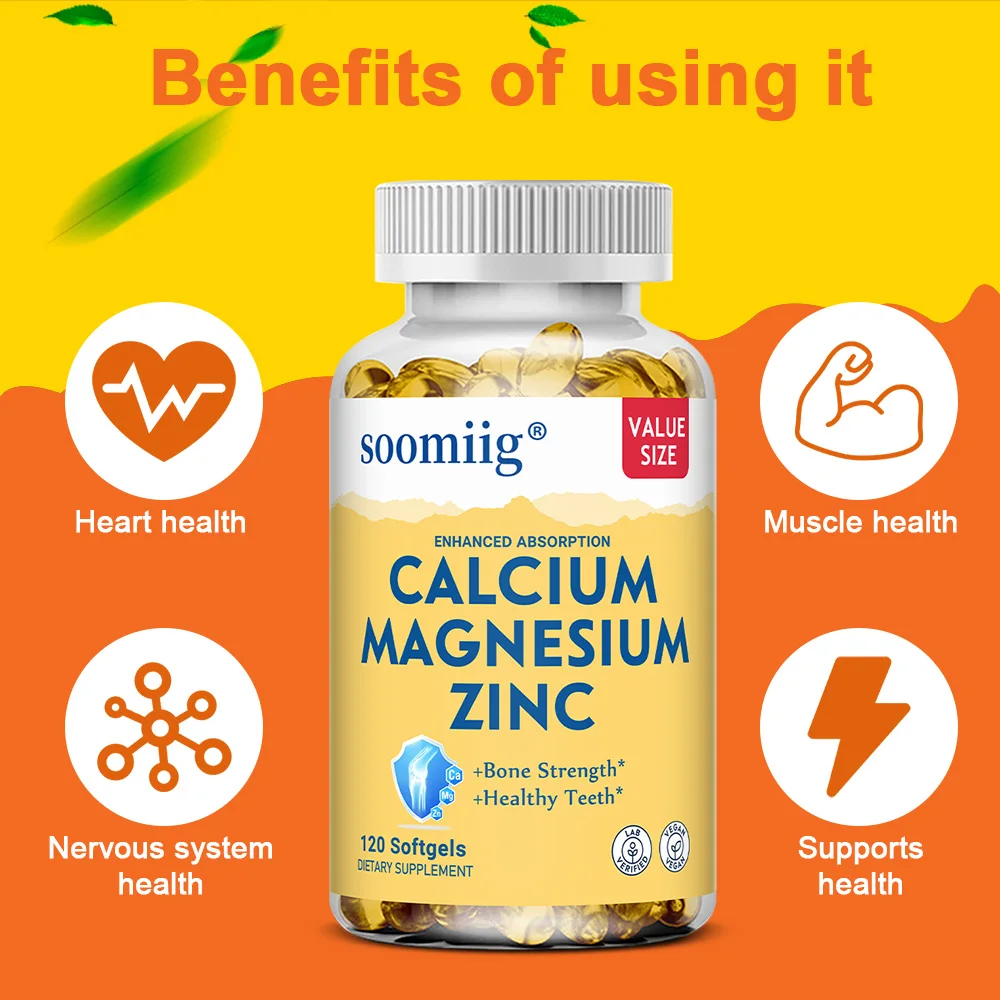 مكمل الزنك والمغنيسيوم والكالسيوم - يدعم صحة العضلات والعظام والأعصاب وتعزز امتصاص الكالسيوم - 120 كبسولة