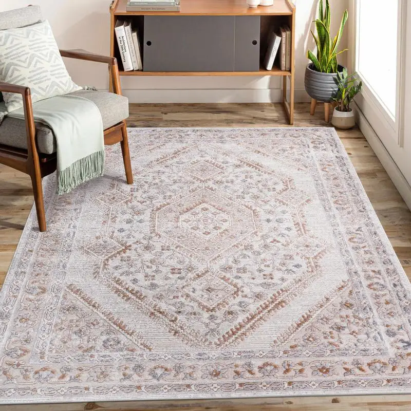 Stylish and Stain Resistant 8X10 Area Rug in Cream/Ivory with Border for Living Room, Bedroom, Dining Room, and Home Office