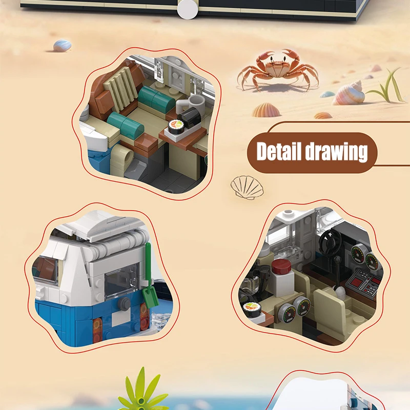 MOC شاطئ شاحنة التخييم اللبنات عدة الرجعية موتور المنزل عطلة الترفيه t2 التخييم RV مجموعات نموذج الطوب لعب الاطفال هدية عيد #2