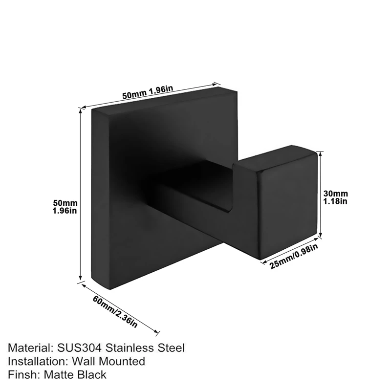 ตะขอแขวนผ้าขนหนูสีดำด้านจำนวน2แพ็คทำจากสแตนเลสกันสนิมสำหรับห้องน้ำราวแขวนผ้าเช็ดตัวติดผนังห้องครัวทรงสี่เหลี่ยม