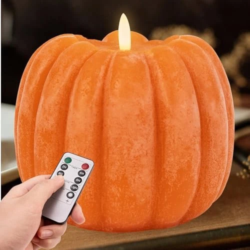 Flickering Flameless Wax Pumpkin LED Candle with Timer Remote Faux Battery Operated Light Up Pumpkin for Fall Thanksgiving Decor