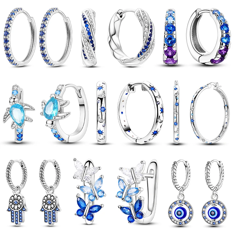 Blaue Creolen aus 925er Silber für Damen, Schmetterlings-Satr-Schildkröten-Anhänger-Ohrring, Pendientes, edler Schmuck