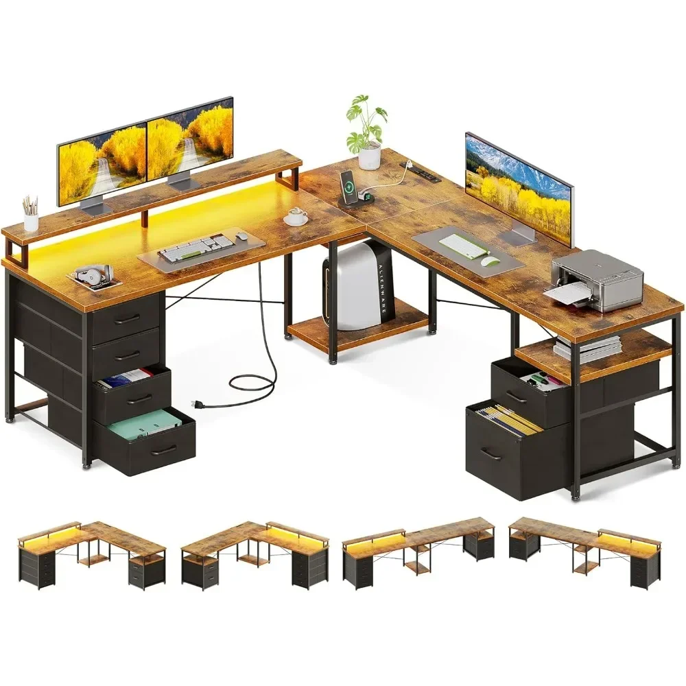 

66" L Shaped Computer Desk, 113“ Reversible Home Office Desk with File Cabinet 4 Fabric Drawers Two Person Desk with LED Lights