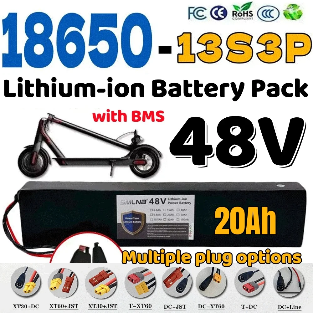 

48V 13S3P 20Ah 2000W battery pack, lithium iron phosphate battery suitable for 54.6V electric bicycle scooter with BMS+charger