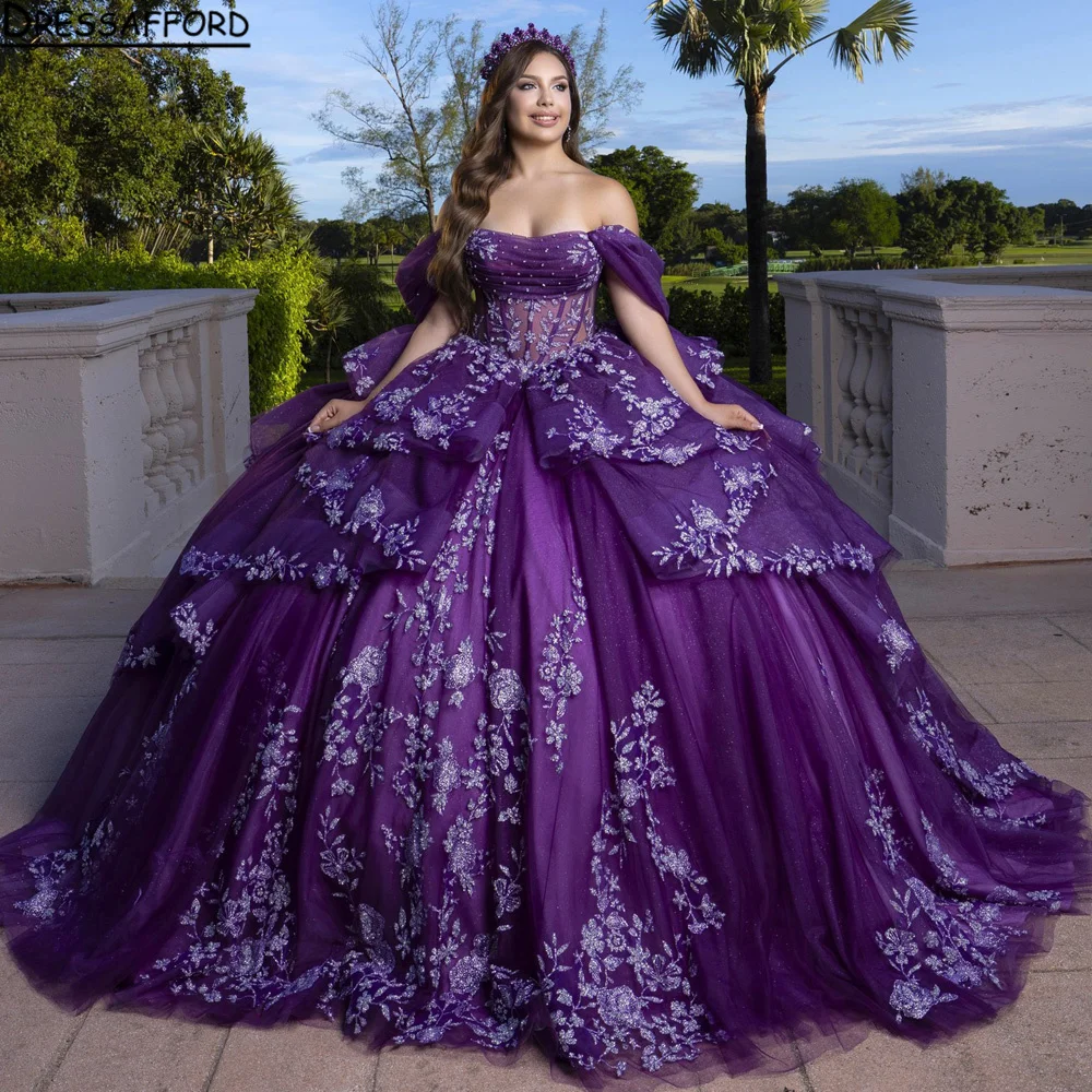 

Роскошное бальное платье Quinceanera, платья для девочек с открытыми плечами, аппликации, плиссированные бусины, платье 15 Anos, индивидуальное платье