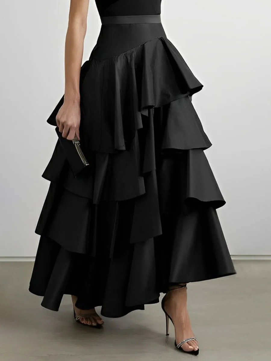 

A-Line High Waisted Falbala Solid Color Long Skirts Skirts Bottoms