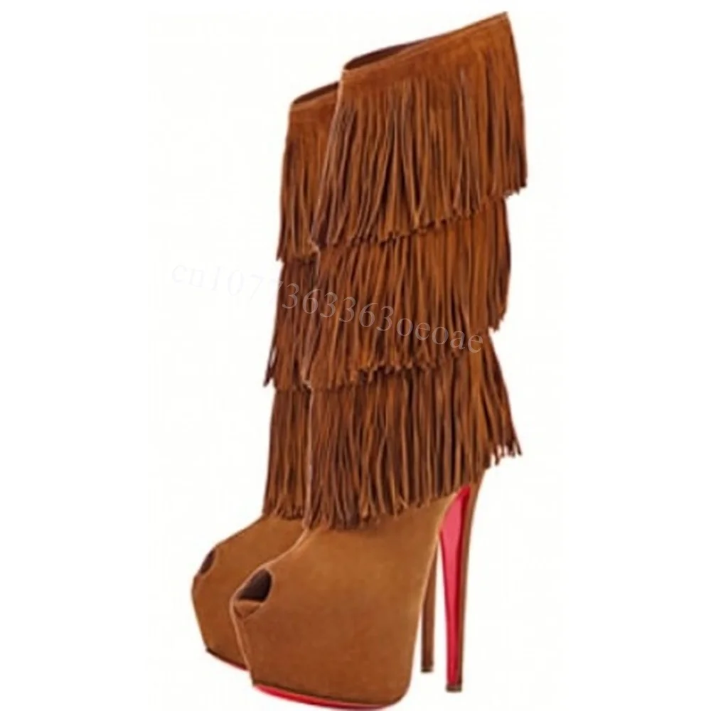 

Замшевые ботинки на платформе с открытым носком, декор с кисточками, женская обувь до колена на тонком высоком каблуке, пикантная обувь 2025, Zapatos Para Mujere