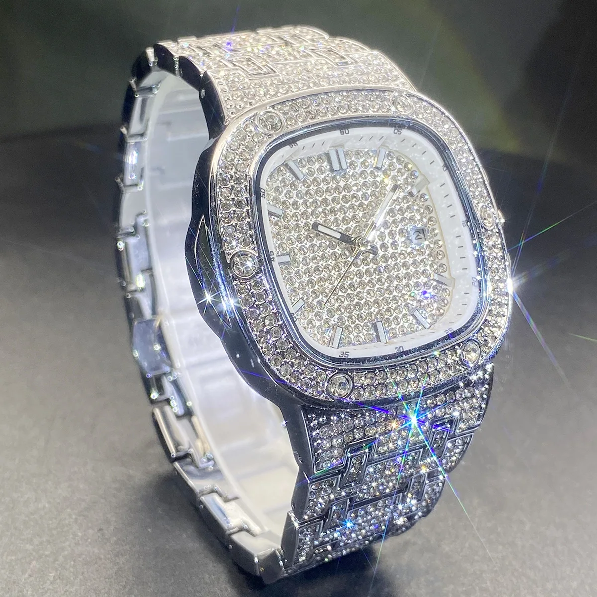 Square Wrist Watch for Men Women Shiny Full Stone Couple Quartz Watches Fashion Jewelry Classical Watch Clock Gold Silver Color view 6