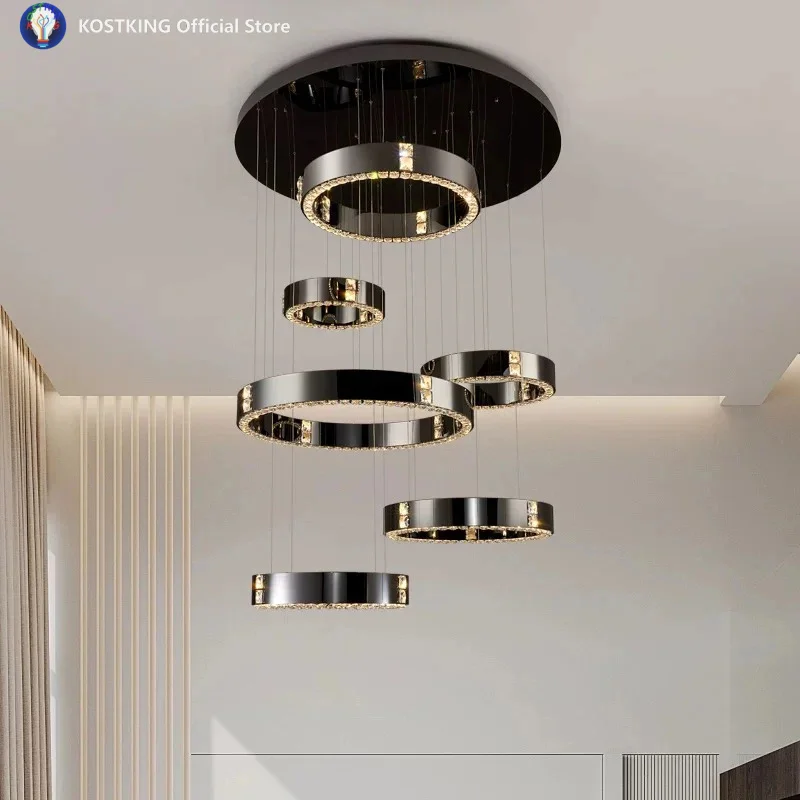 Nordic Retro Cluster Shiny Ring Crystal LED Chandelier Lustre Hardware Ceiling Creative Villa Living Room Lighting Dimmable