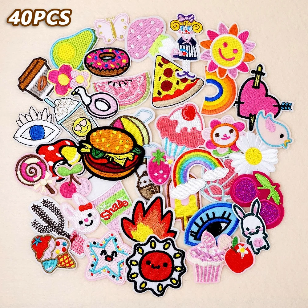 40Pcs/Lot Cartoon Pink Iron on Cute Patches Embroidery Clothes Apparel Decoration Appliques Sewing Patch Repair Clothing Holes