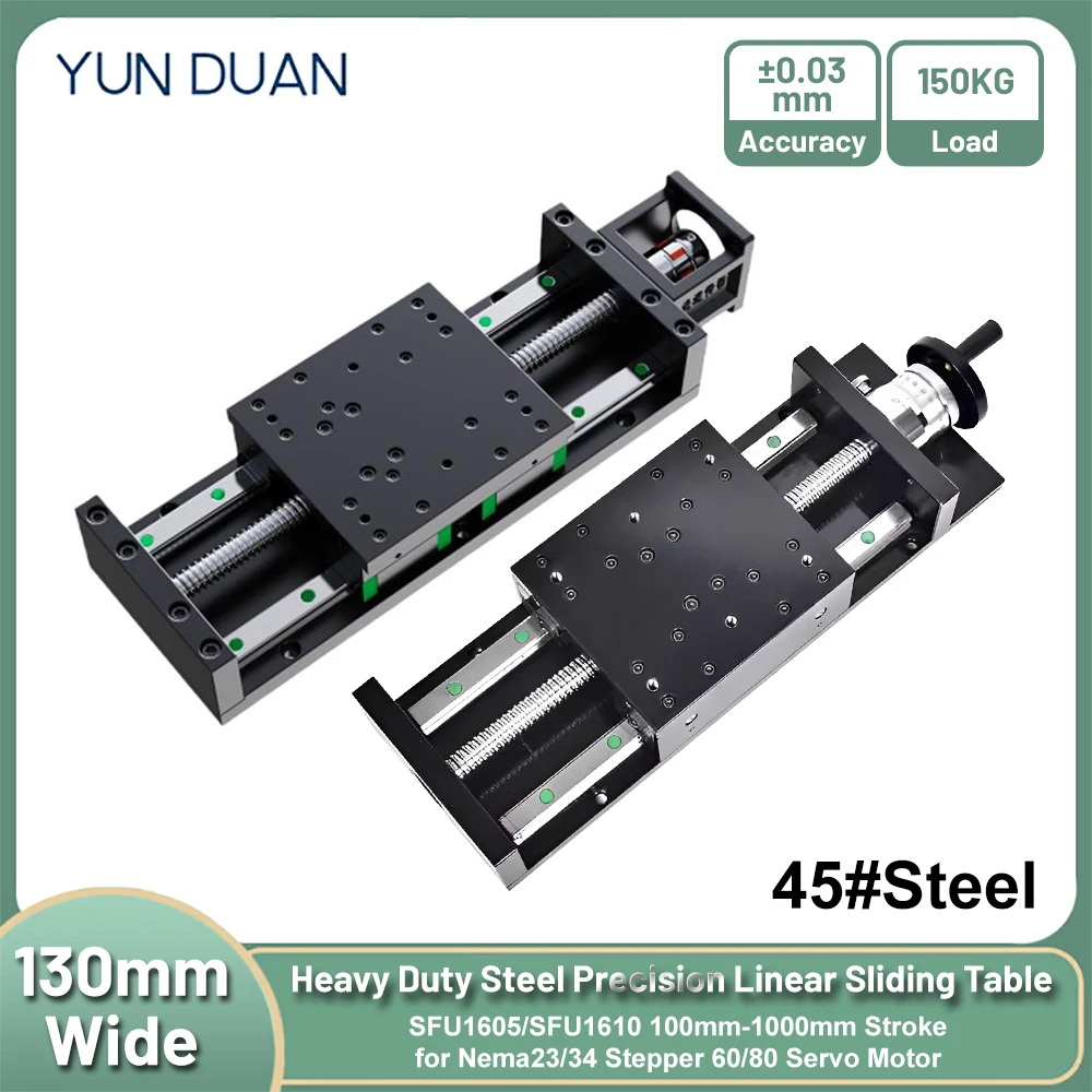 130mm Wide Steel Sliding Table Heavy Duty CNC Ball Screw Linear Stage SFU1605/1610 200KG Load HGR15*2 HGH15CA*4 100~1000mmStroke