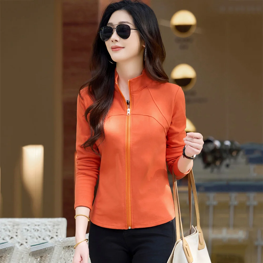 

Новый женский повседневный кардиган на молнии, осенняя модная базовая футболка с полувысоким воротником и длинными рукавами, простая повседневная женская футболка