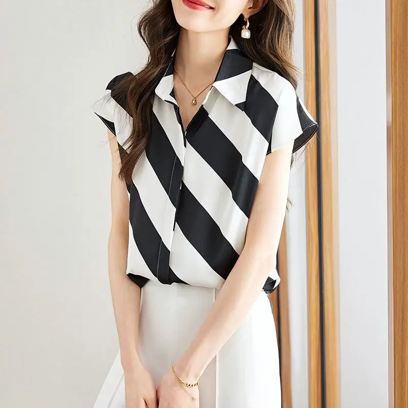 Women Summer Simplicity Loose Office Lady Striped Chiffon Polo-Neck Short Sleeve Shirts Women Clothes Casual All-match Thin Tops