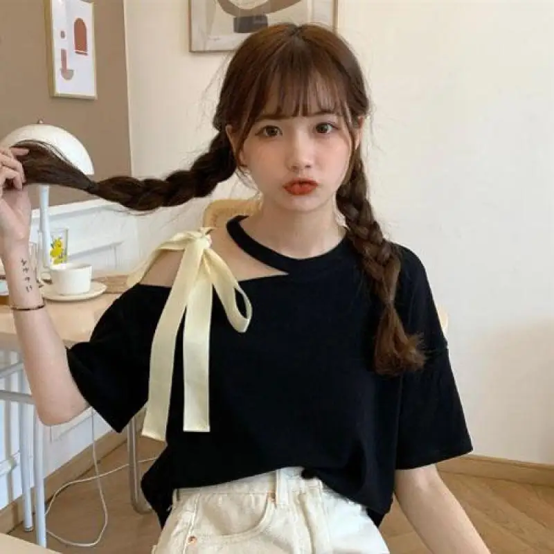 Women Summer Korean Sweet Loose Large Size Appear Thin Bow Off Shoulder Short Sleeve T-Shirt Ladies Casual All-match Top Tee