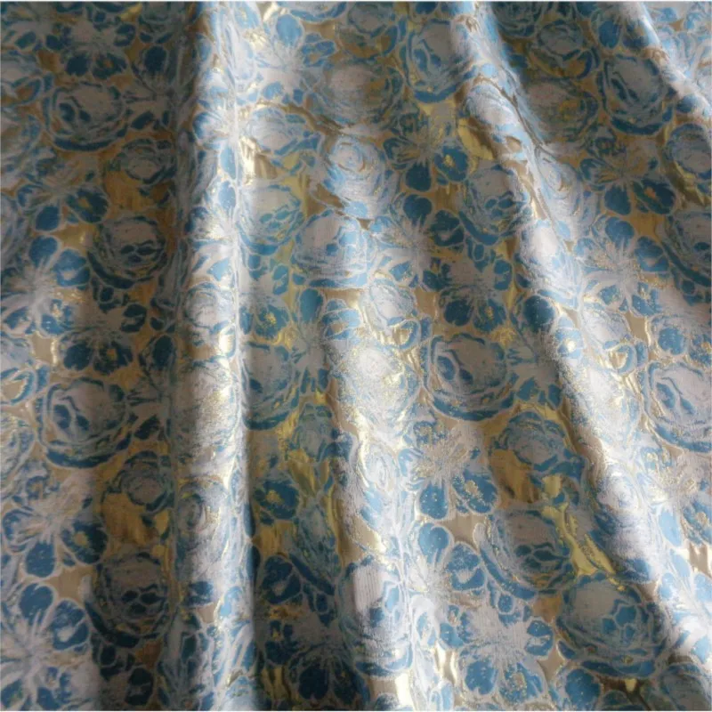 Pink and blue embossed golden thread flower oil painting style jacquard fabric soft beautiful dress children's bag floral