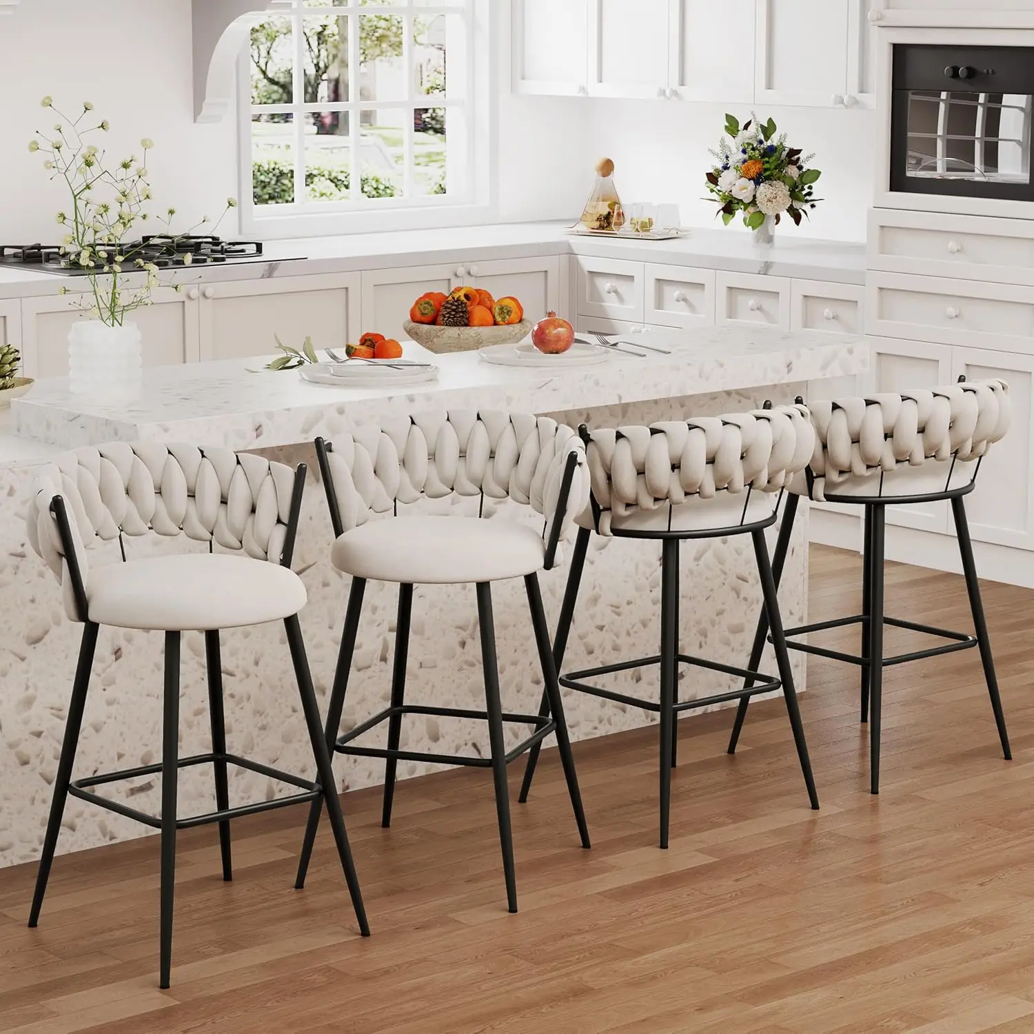 

Набор из 4 металлических барных стульев 30 дюймов с плетеным сиденьем, современные стулья для кухни или бара