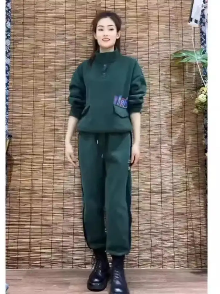 بدلة رياضية شتوية من Thiened Fce للسيدات غير رسمية للترفيه طويلة بقلنسوة مكونة من قطعتين مقاس كبير بياقة واقفة برمز كبير