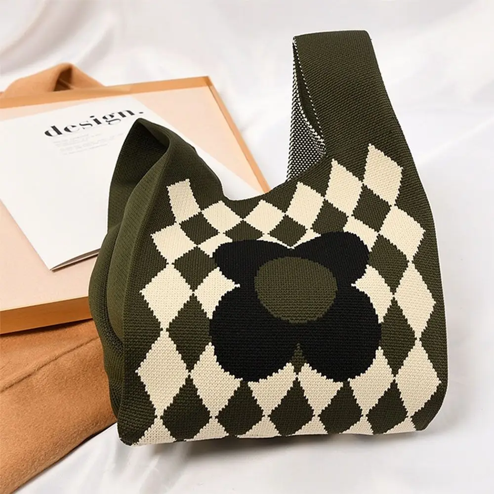 Handmade Knit Handbag Women Mini Knot Wrist Bag Casual Color Plaid Tote Bag Student Reusable Shopping Bags