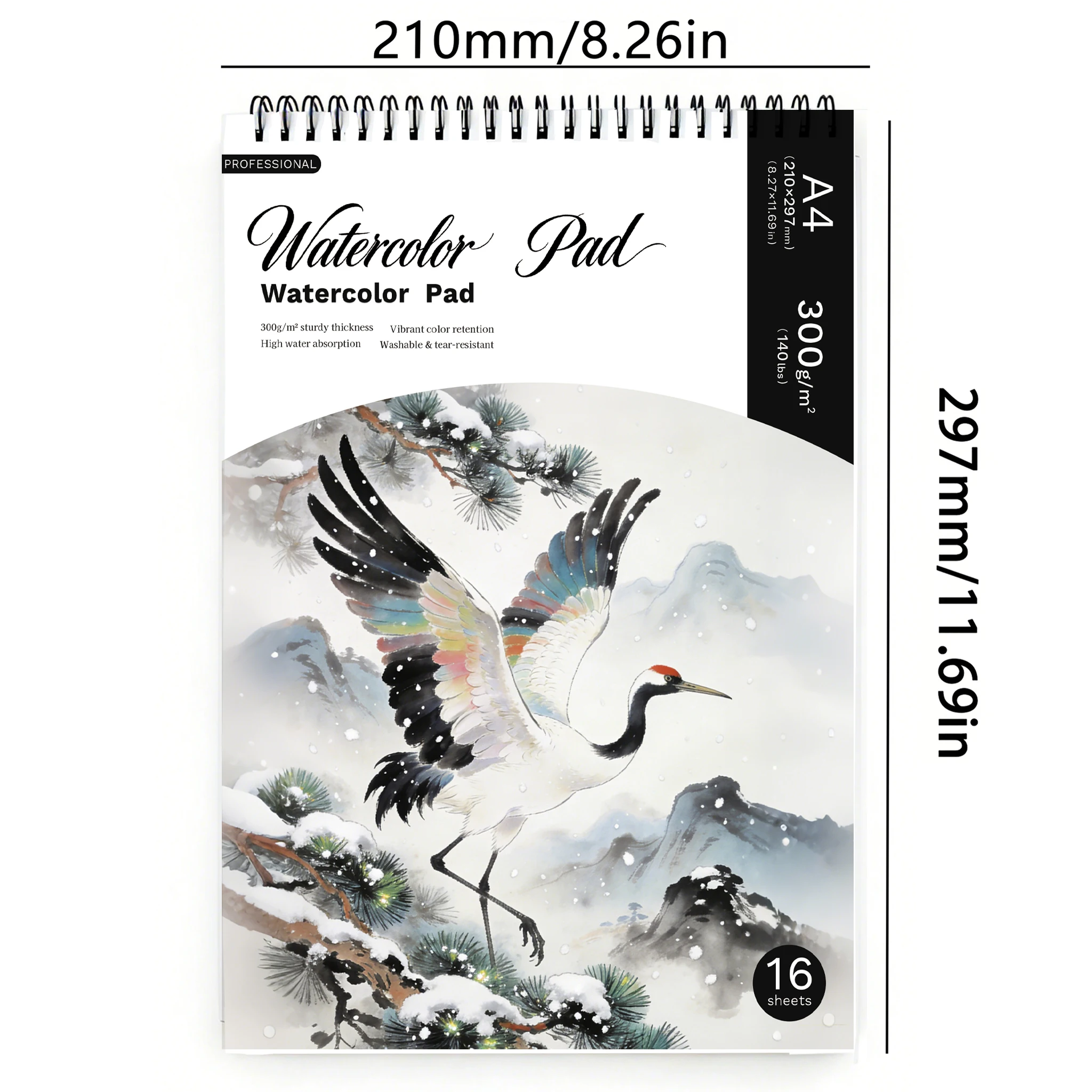 A4 Spiral Watercolor Pad 300gsm, Red-Crowned Crane in Snowy Pine Cover, 16 Sheets Acid-Free Art Sketchbook for Back to Scho