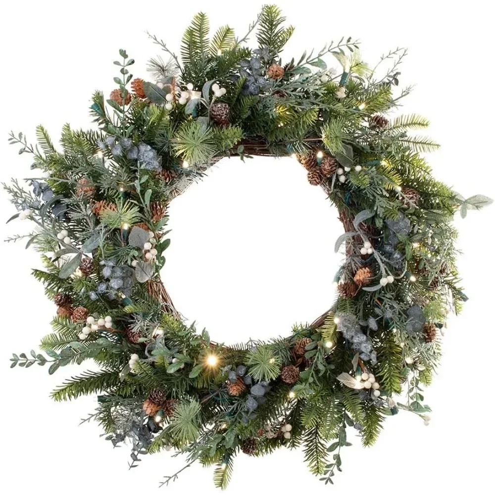 30 Inch Rustic White Berry Artificial Christmas Wreath - Pre-Lit with 50 Warm Clear LED Lights for Natural Holiday Decoration