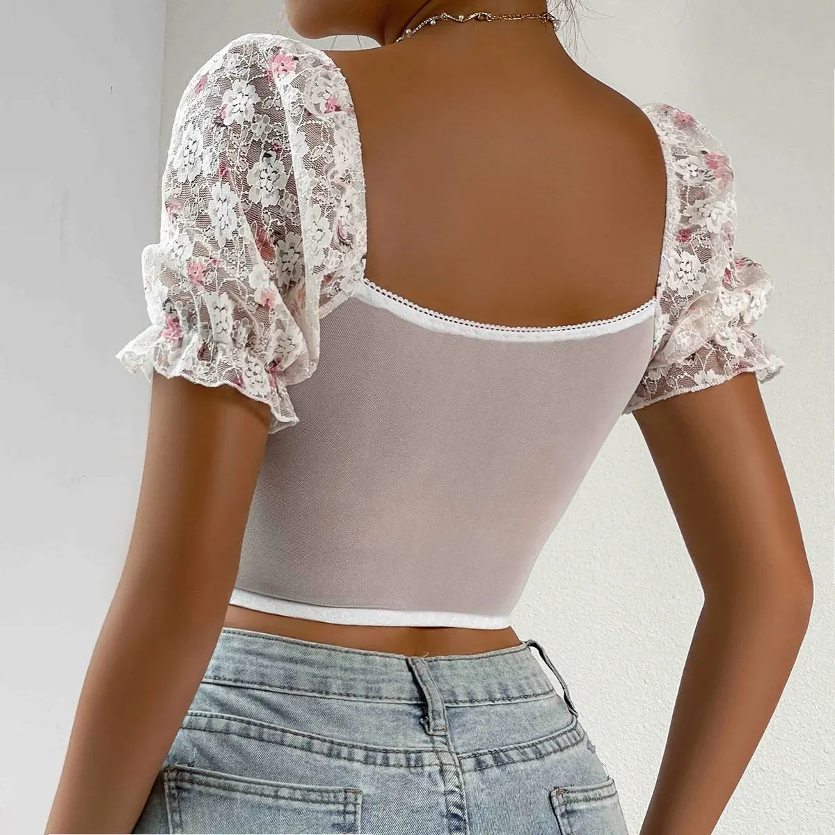 ISAROSE Lace Crop Tops for Women Sexy Breathable Stretch Low Cut Short Puff Sleeves Mesh Back Party Night Club Corset Tank Tops