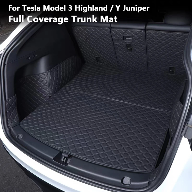 Für Tesla Model Y Juniper / 3 Highland 2025-2026 Vordere und Hintere Kofferraummatte aus Leder Vollflächiger Kofferraumschutz Beidseitiger Schutzpolster
