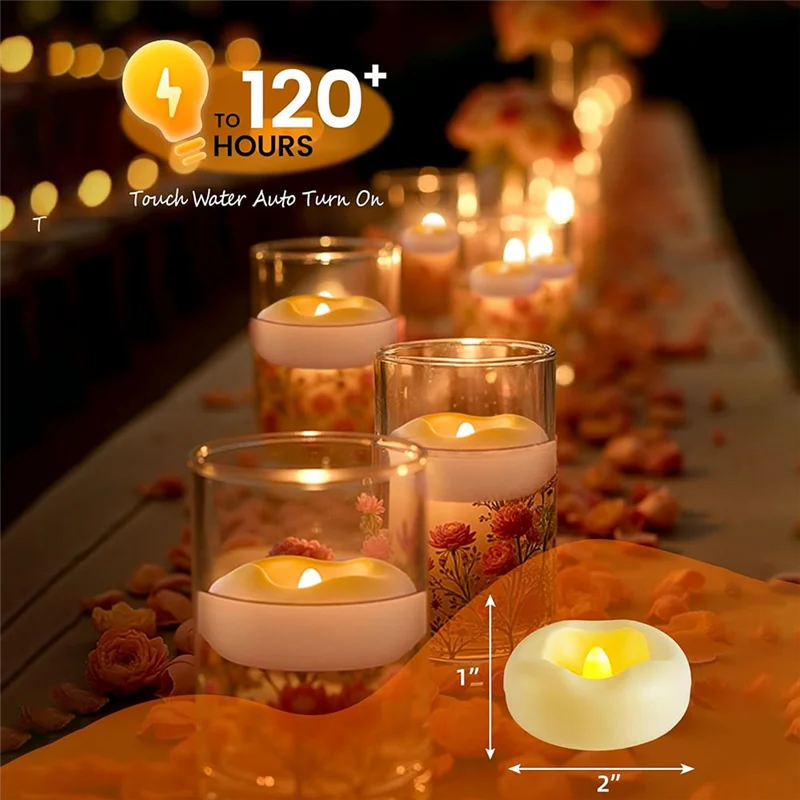 Vela flotante LED sin llama de A02M-2 pulgadas, paquete de 12, velas flotantes activadas por agua de 200 horas para decoración de piscina, boda