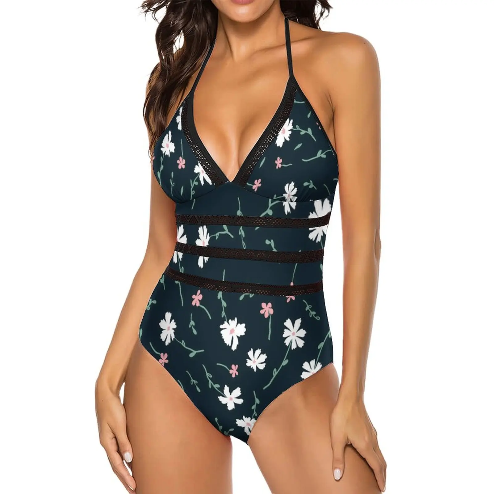 

Daisies Floral Swimsuit Lovely Doodle Flowers Push Up Swimwear One-Piece Holiday Swim Bathing Suit Bodysuit Sexy Beachwear