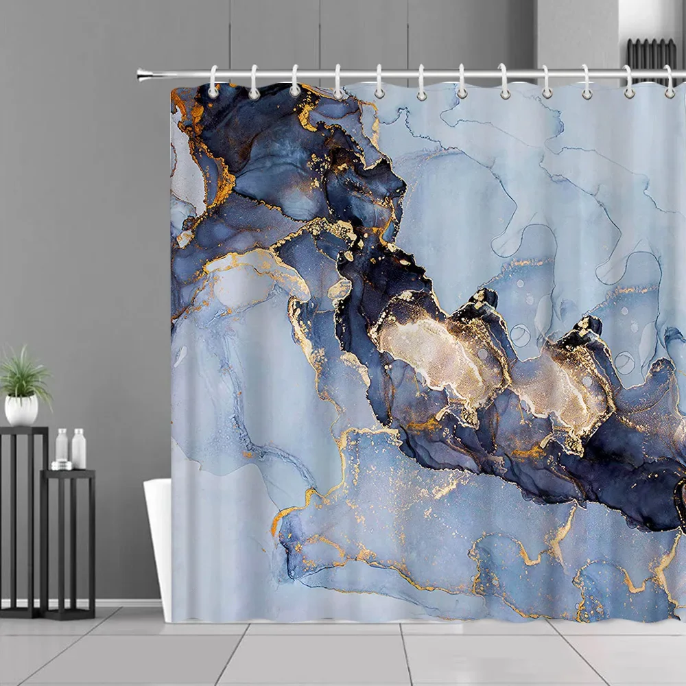 Blue Gold Marble Shower Curtains Golden Cracked Lines Abstract Modern Home Washable Polyester Fabric Bath Curtain Bathroom Decor