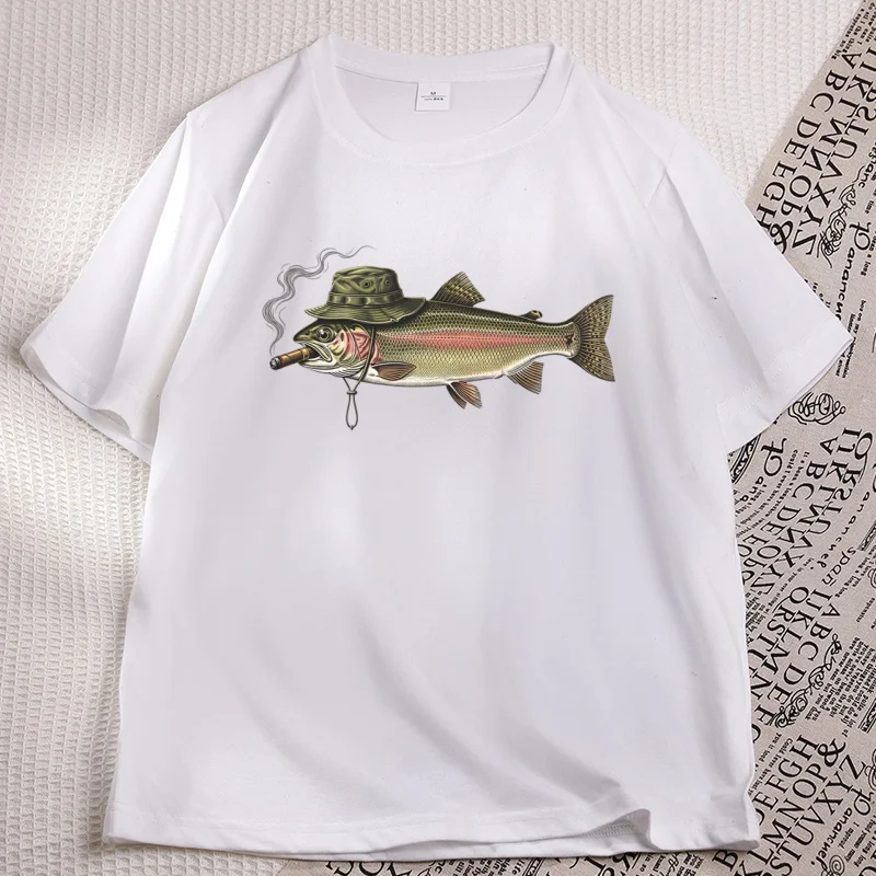 Funny Trout Fishing T-Shirt Fish Smoking Hat Angler Tee Graphic T Shirts Woman Man Designer High Quality Tshirt Summer Clothing